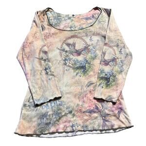 Vintage 90's Y2K Baby Pink Nature Rhinestone Bling Blouse Women's Size L